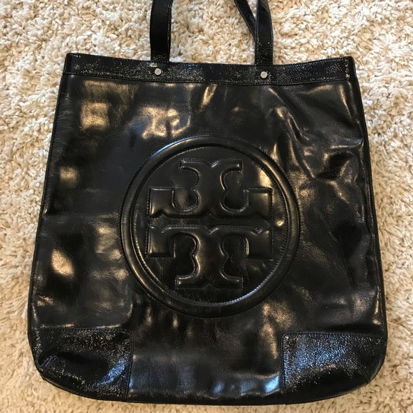 Tory Burch Handbags - Tory Burch Shiny Black Leather Logo Tote